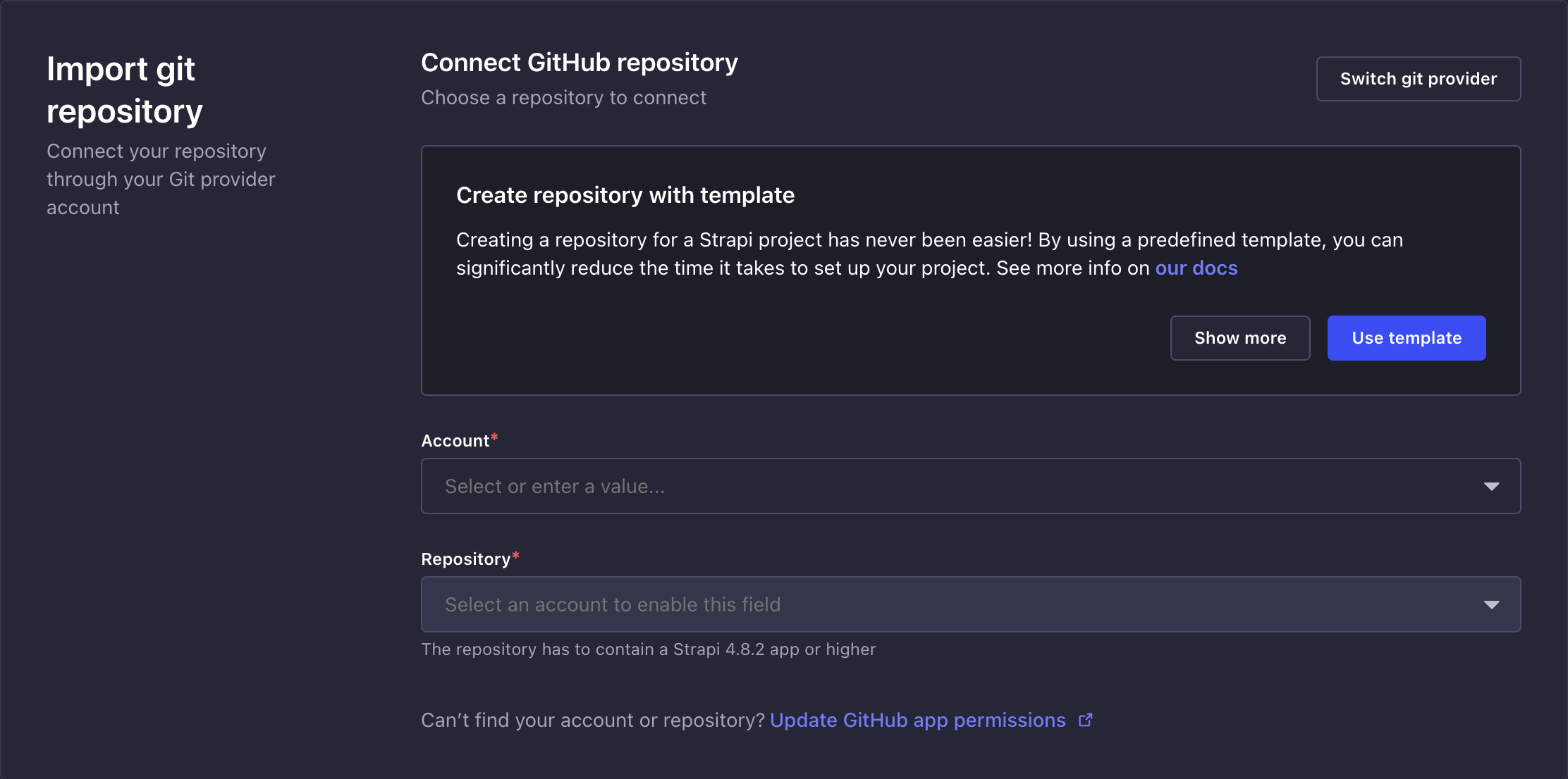 Selecting GitHub account and repository