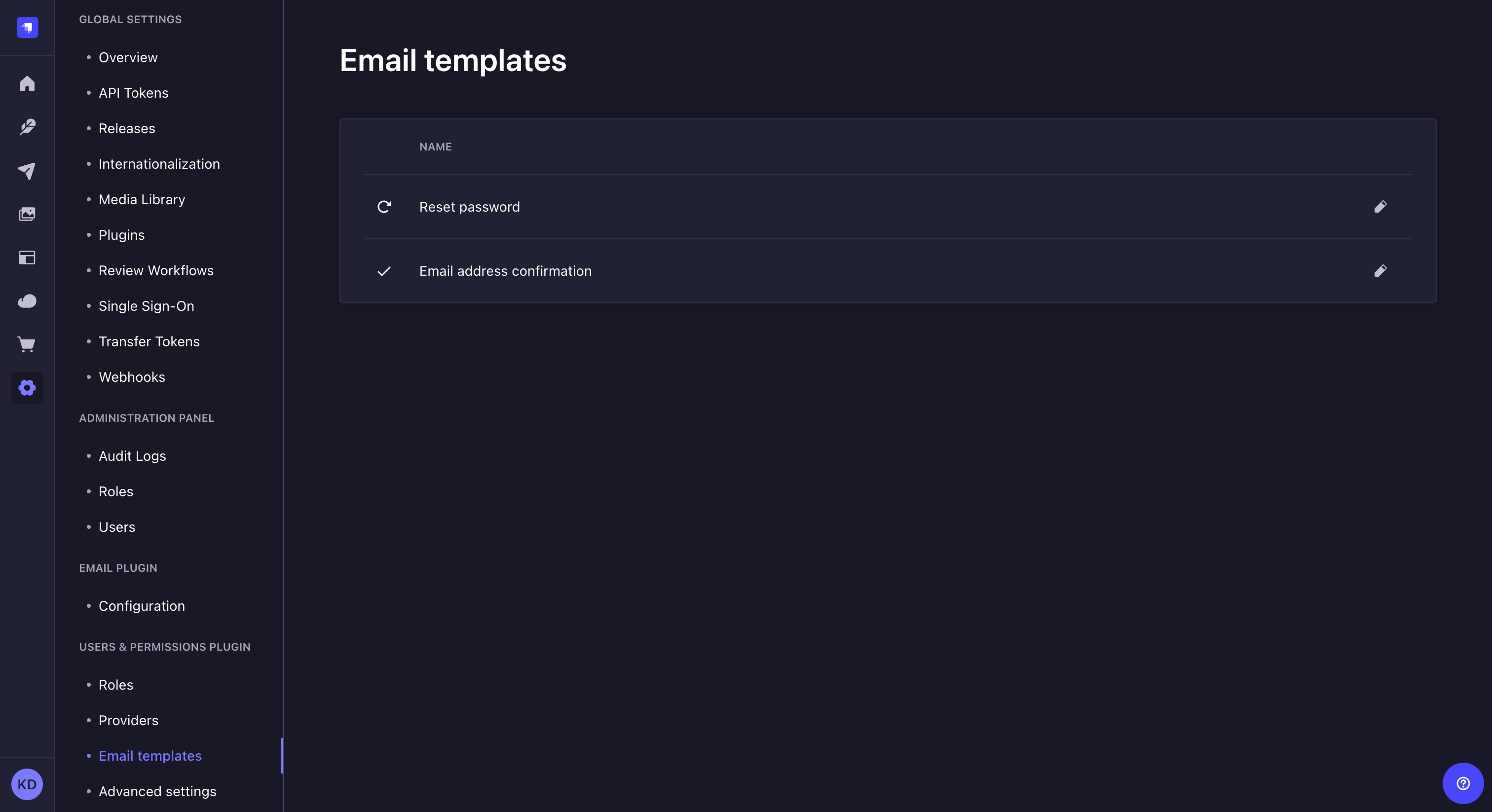 Email templates interface